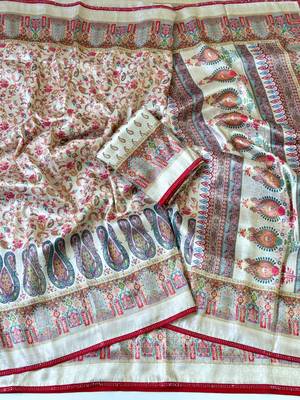 Cream Color Jari Jaqurad Weaving With Print Work Pashmina Silk Saree 3