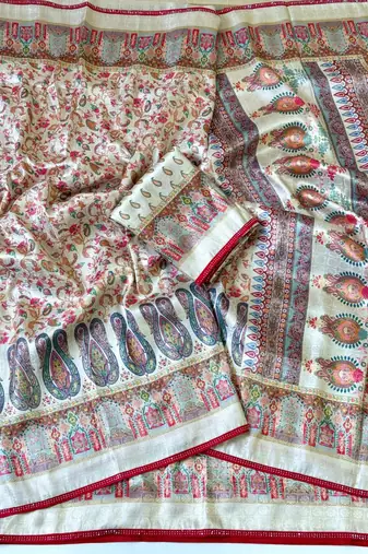 Cream Color Jari Jaqurad Weaving With Print Work Pashmina Silk Saree