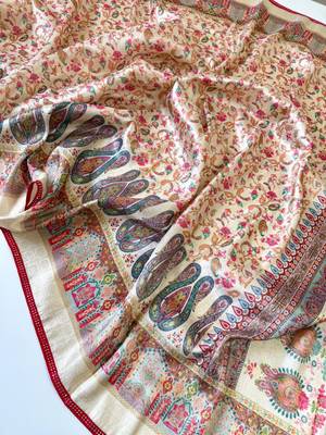 Cream Color Jari Jaqurad Weaving With Print Work Pashmina Silk Saree 4
