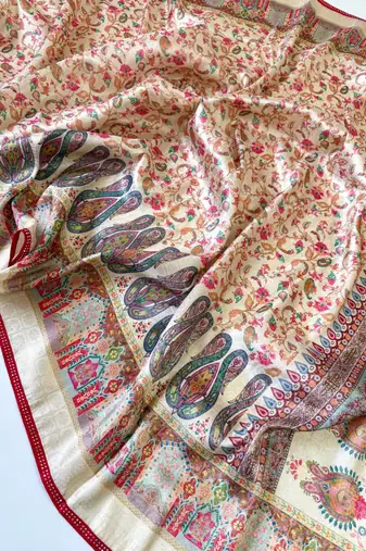 Cream Color Jari Jaqurad Weaving With Print Work Pashmina Silk Saree