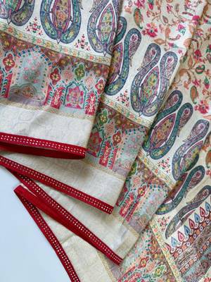 Cream Color Jari Jaqurad Weaving With Print Work Pashmina Silk Saree 5