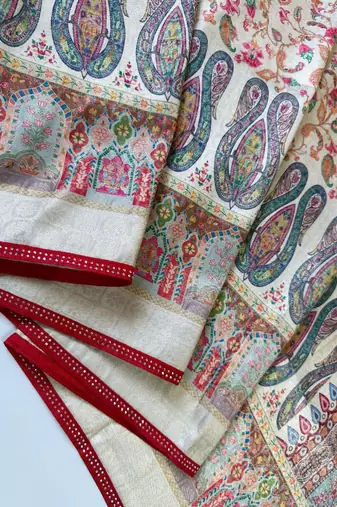 Cream Color Jari Jaqurad Weaving With Print Work Pashmina Silk Saree