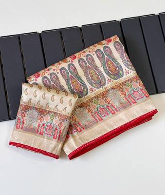 Cream Color Jari Jaqurad Weaving With Print Work Pashmina Silk Saree 1