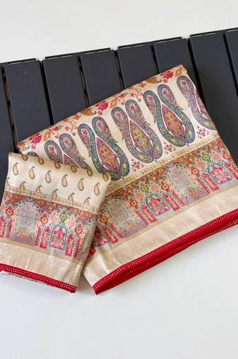 Cream Color Jari Jaqurad Weaving With Print Work Pashmina Silk Saree