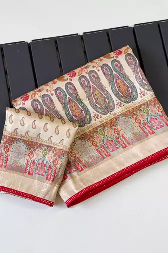 Cream Color Jari Jaqurad Weaving With Print Work Pashmina Silk Saree