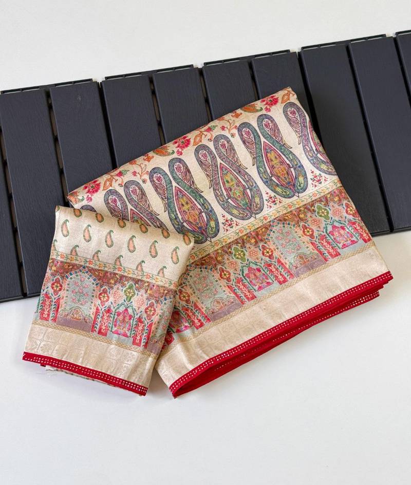 Cream Color Jari Jaqurad Weaving With Print Work Pashmina Silk Saree