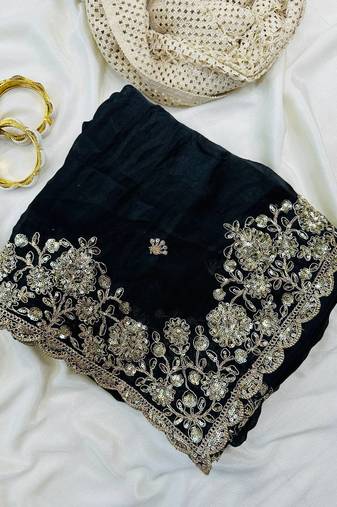 Black Color Sequence Embrodairy Cuttwork  Silk Saree