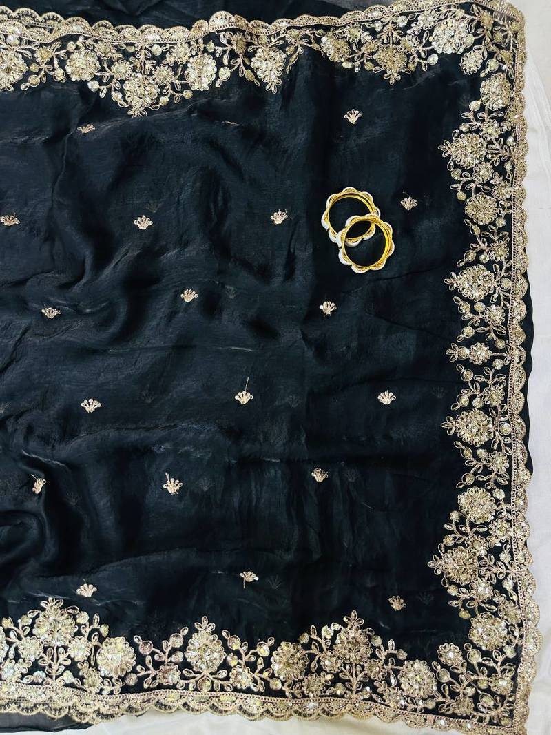 Black Color Sequence Embrodairy Cuttwork  Silk Saree