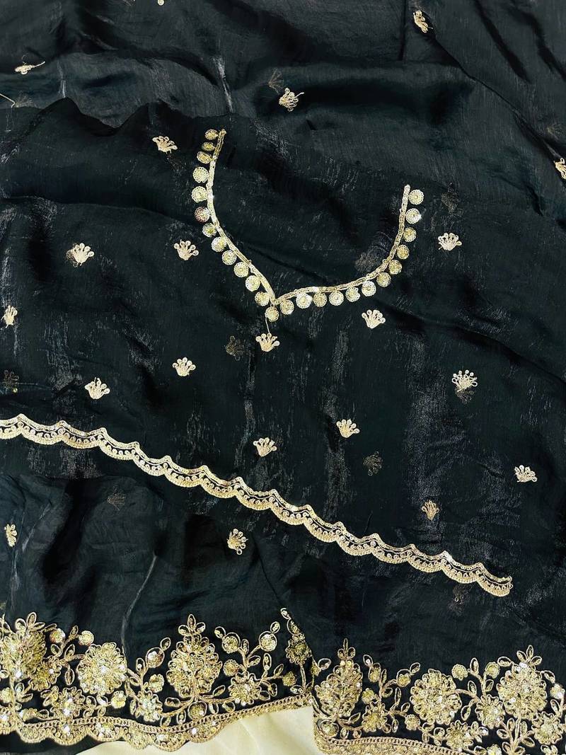 Black Color Sequence Embrodairy Cuttwork  Silk Saree
