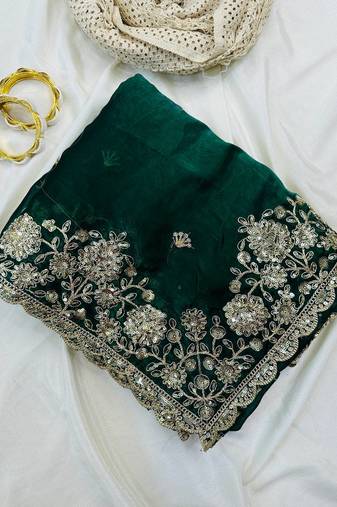 Green Color Sequence Embrodairy Cuttwork  Silk Saree