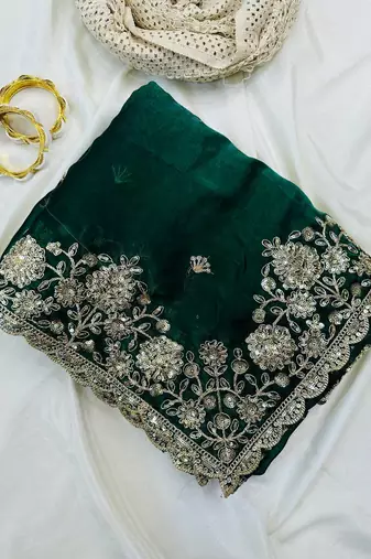 Green Color Sequence Embrodairy Cuttwork  Silk Saree