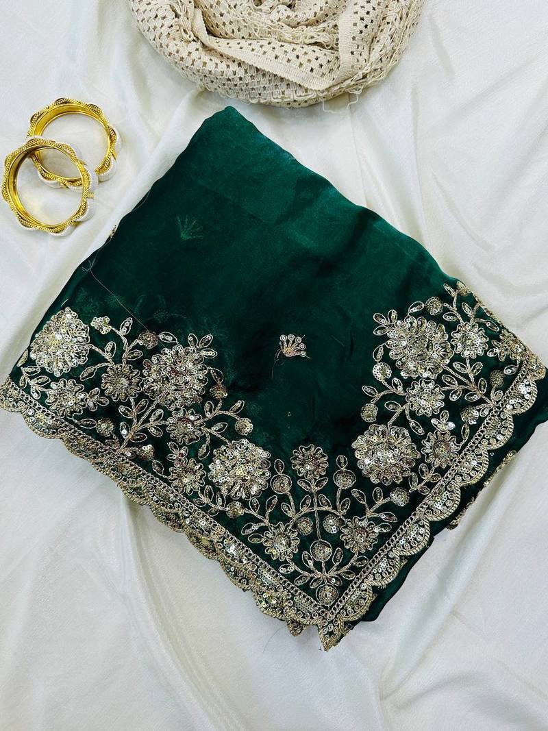 Green Color Sequence Embrodairy Cuttwork  Silk Saree