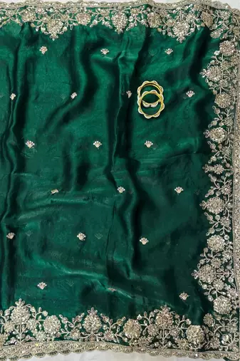 Green Color Sequence Embrodairy Cuttwork  art silk saree