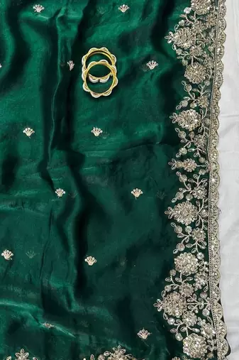 Green Color Sequence Embrodairy Cuttwork  art silk saree