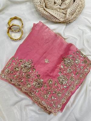 Light Pink Color Sequence Embrodairy Cuttwork  art silk saree 1