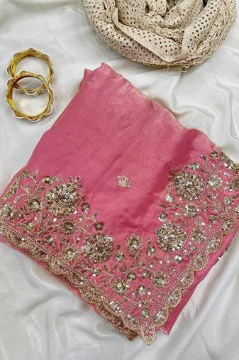 Light Pink Color Sequence Embrodairy Cuttwork  Silk Saree