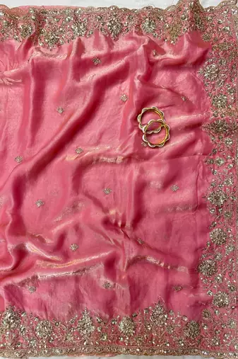 Light Pink Color Sequence Embrodairy Cuttwork  art silk saree