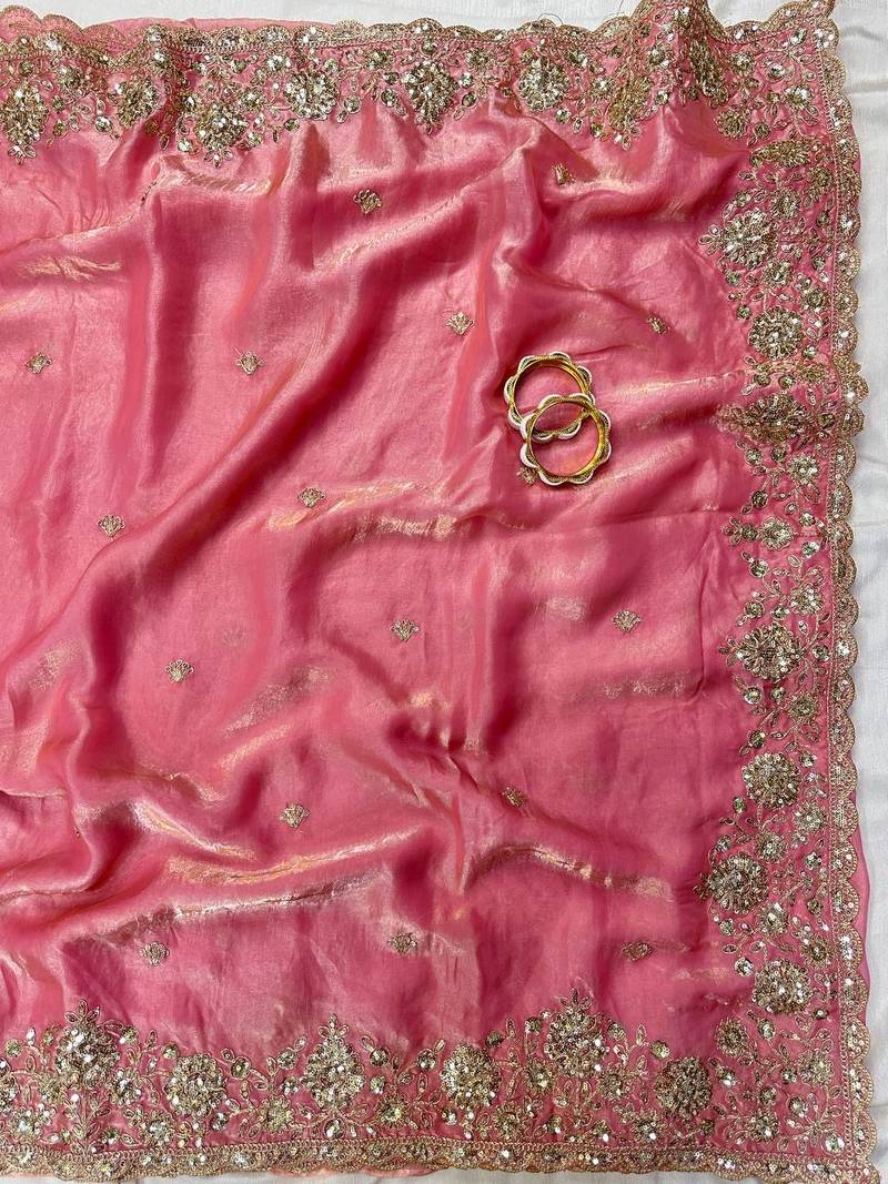 Light Pink Color Sequence Embrodairy Cuttwork  Silk Saree