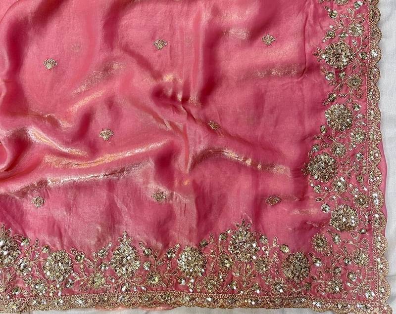 Light Pink Color Sequence Embrodairy Cuttwork  Silk Saree