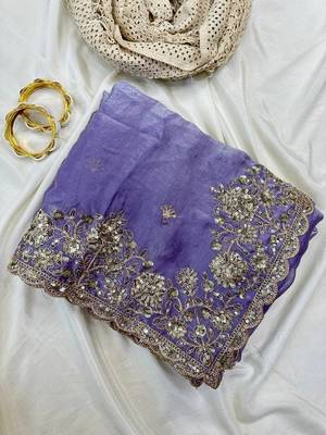 Purple  Color Sequence Embrodairy Cuttwork  art silk saree 1