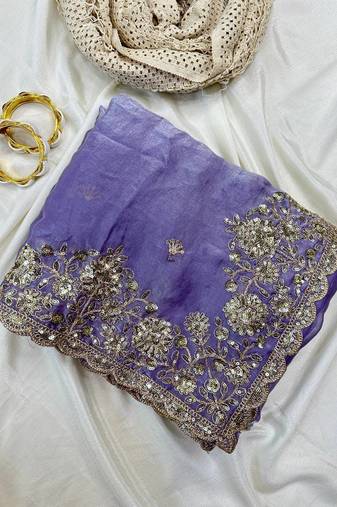 Purple  Color Sequence Embrodairy Cuttwork  Silk Saree