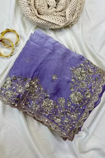 Purple  Color Sequence Embrodairy Cuttwork  Silk Saree