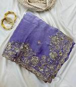 Purple  Color Sequence Embrodairy Cuttwork  Silk Saree