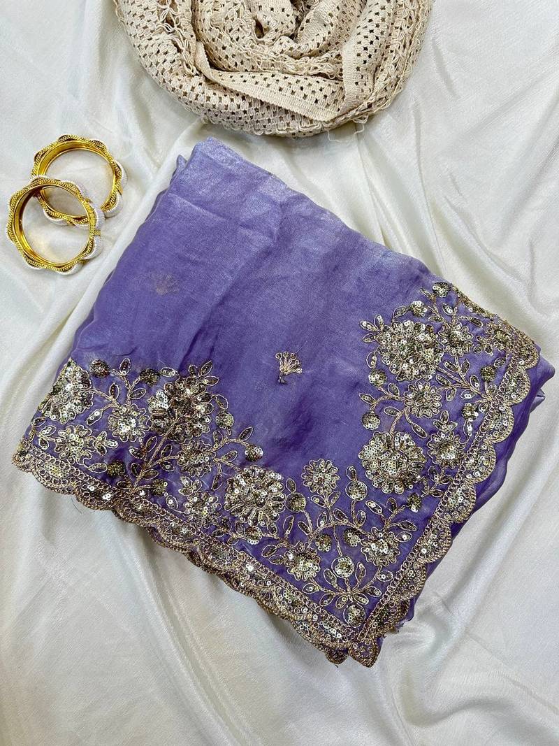 Purple  Color Sequence Embrodairy Cuttwork  Silk Saree