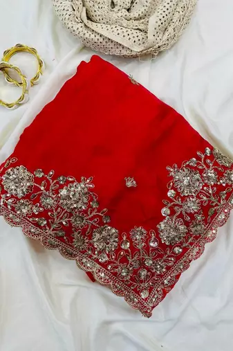 Red  Color Sequence Embrodairy Cuttwork  Silk Saree