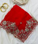 Red  Color Sequence Embrodairy Cuttwork  Silk Saree