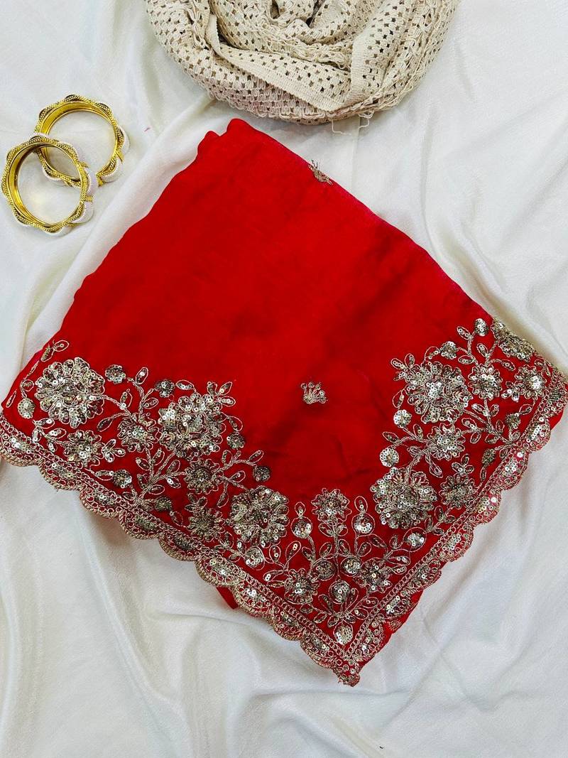 Red  Color Sequence Embrodairy Cuttwork  Silk Saree