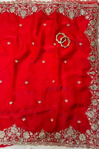 Red  Color Sequence Embrodairy Cuttwork  art silk saree