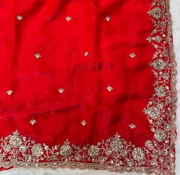 Red  Color Sequence Embrodairy Cuttwork  art silk saree 3