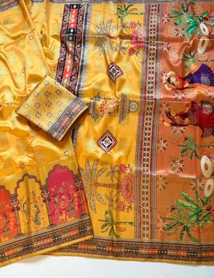 Yellow Color Jaqurad Weaving With Print Work Dola Silk Saree 1