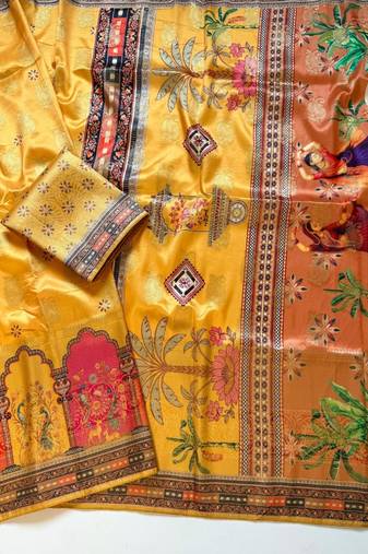 Yellow Color Jaqurad Weaving With Print Work Dola Silk Saree