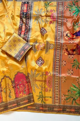 Yellow Color Jaqurad Weaving With Print Work Dola Silk Saree