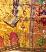 Yellow Color Jaqurad Weaving With Print Work Dola Silk Saree