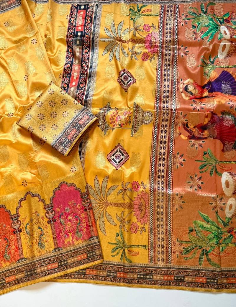 Yellow Color Jaqurad Weaving With Print Work Dola Silk Saree