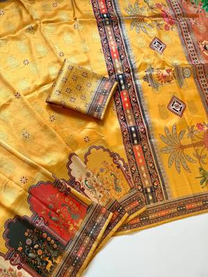 Yellow Color Jaqurad Weaving With Print Work Dola Silk Saree 2