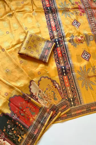 Yellow Color Jaqurad Weaving With Print Work Dola Silk Saree