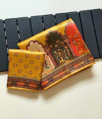 Yellow Color Jaqurad Weaving With Print Work Dola Silk Saree 3