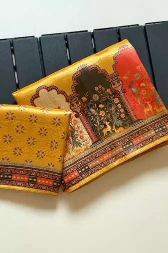Yellow Color Jaqurad Weaving With Print Work Dola Silk Saree