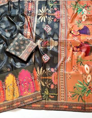 Black Color Jaqurad Weaving With Print Work Dola Silk Saree 2