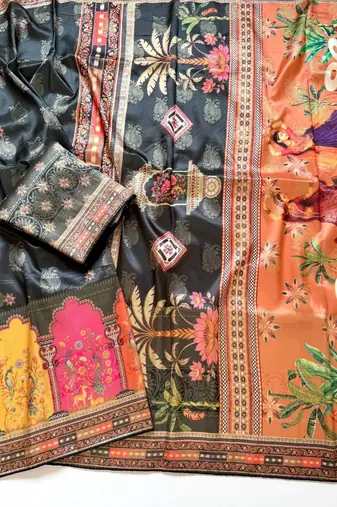 Black Color Jaqurad Weaving With Print Work Dola Silk Saree