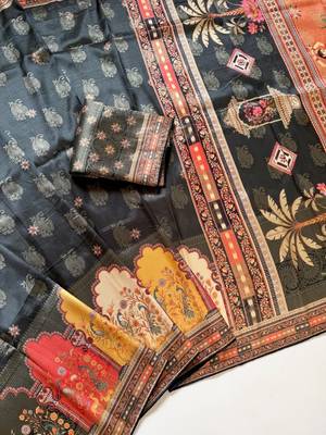 Black Color Jaqurad Weaving With Print Work Dola Silk Saree 3