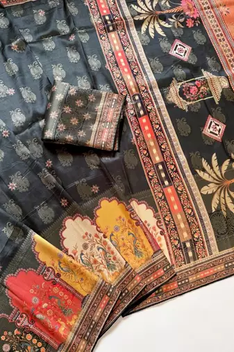 Black Color Jaqurad Weaving With Print Work Dola Silk Saree