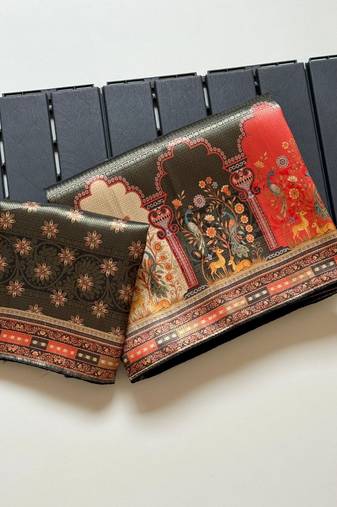 Black Color Jaqurad Weaving With Print Work Dola Silk Saree