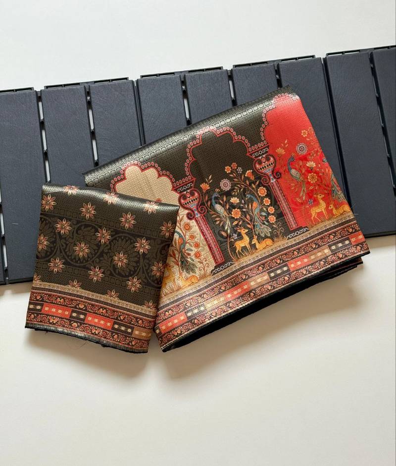 Black Color Jaqurad Weaving With Print Work Dola Silk Saree