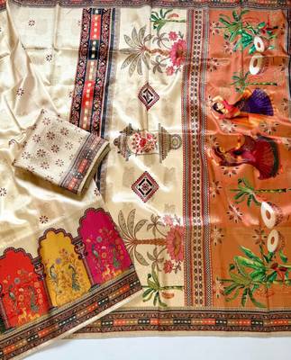 Cream Color Jaqurad Weaving With Print Work Dola Silk Saree 1