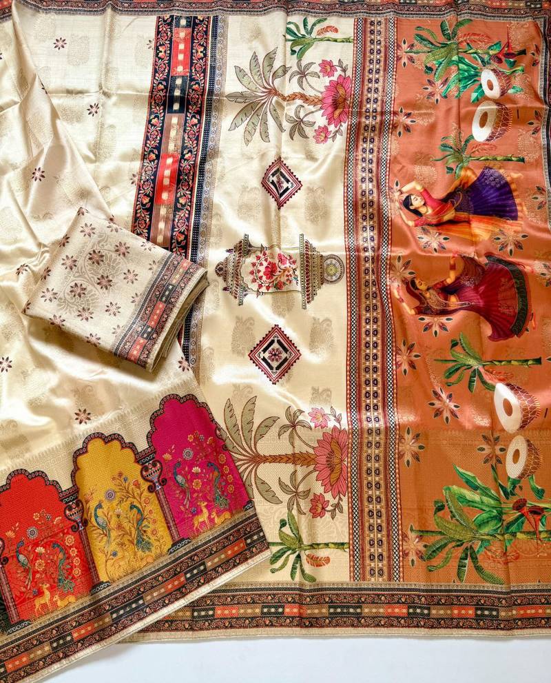 Cream Color Jaqurad Weaving With Print Work Dola Silk Saree